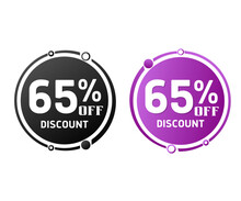 65% Off, Circle Discount Tag Icon Collection. Set Of Black And Purple Sale Labels. Vector Illustration, Sixty-five 