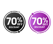 70% Off, Circle Discount Tag Icon Collection. Set Of Black And Purple Sale Labels. Vector Illustration, Seventy 