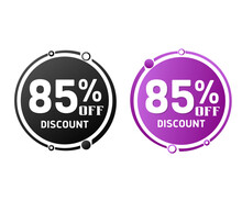 85% Off, Circle Discount Tag Icon Collection. Set Of Black And Purple Sale Labels. Vector Illustration, Eighty Five 