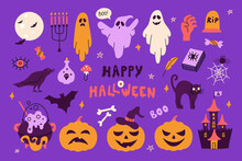 Vector Set For Halloween, Collection Of Decorative Elements In Hand Drawn Style. Evil Pumpkins, Haunted Castle, Bats
