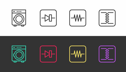 Poster - Set line Washer, Diode in electronic circuit, Resistor and Electrical transformer on black and white. Vector