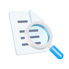 Poster - Document examination 3d icon. Magnifying glass and a sheet of text. Isolated object on a transparent background