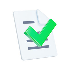 Poster - Checking a document 3d icon. Checkmark and a sheet of text.  Isolated object on a transparent background