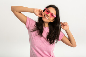 Wall Mural - attractive woman in pink t-shirt and sunglasses