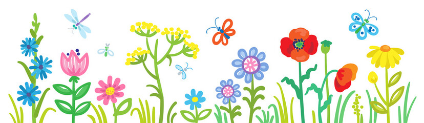 Wall Mural - Children's drawing. Beautiful flowers and butterflies. In cartoon style. Isolated on white background. Vector illustration