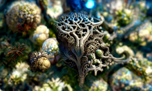 Artistic Conception Of A Twisted Fractal Root Suspended From A Tree In Different Colors. Digital Art Style, Illustration Painting.