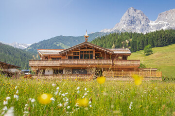 Wall Mural - Wooden chalet in the alps on a summer day