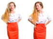 © Denis Kadatsky - business woman with long hair in a white blouse and an orange skirt over her head on a white background