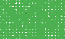 Seamless Background Pattern Of Evenly Spaced White Quatrefoil Symbols Of Different Sizes And Opacity. Vector Illustration On Green Background With Stars