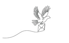 Continuous Line Drawing Of A Flying Carrier Pigeon Carrying Mail. Vector Illustration Of A Flying Dove Carrying An Envelope. Single Line Art Of Flying Pigeon Symbol Carrying Letter In Doodle Style.