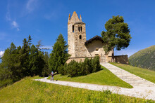 Cycling Tour Near The Ancient Church Of Celerina In Engadine, Switzerland