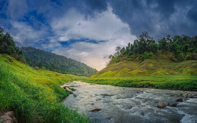 ton nam green mountain with meadow and river at khun dan prakarn chon dam nakhon nayok thailand.