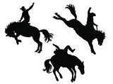 Fototapeta Konie - Cowboy rodeo set wild horses. Vector rodeo silhouette of cowboy riding wild horses isolated on white for design