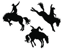 Cowboy Rodeo Set Wild Horses. Vector Rodeo Silhouette Of Cowboy Riding Wild Horses Isolated On White For Design