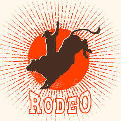 Wall Mural - Rodeo bull vector label. Cowboy riding a wild bull in symbol flat style illustration and rodeo text