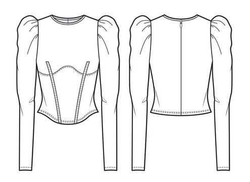 Women round neck Blouse fashion flat technical drawing template. Corset Blouse with balloon sleeves fashion CAD, front, back view, white.