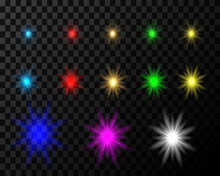 Set Of Multi-colored Stars, Vector Flashes With Light On A Transparent Background. Abstract Laser Stars.