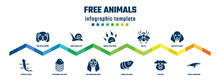 Free Animals Concept Infographic Design Template. Included Dog With Chubby Cheeks, Curved Lizard, Snail Going Left, Swimming Jellyfish, Animal Paw Print, Bas Hound Dog Head, Big Fly, Guinea Pig