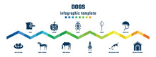 Dogs Concept Infographic Design Template. Included Eagle, Nest With Eggs, Lantern, Horse Standing, Roach, Horse Grazing, Trident, Gnome, Jockey Hat, Dog And Pets House Icons.