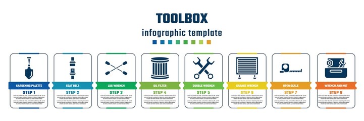 Wall Mural - toolbox concept infographic design template. included gardening palette, seat belt, lug wrench, oil filter, double wrench, garage wrench, open scale, and nut icons and 8 steps or options.