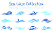 Sea wave collection. Marine surf pool elements vector. Ocean wave icon set. Sea wave surfing logo design. Fluid water motion, blue flowing wavy elements. Sailing teal emblems. Water stream concept.