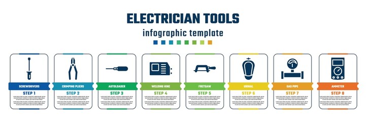 Wall Mural - electrician tools concept infographic design template. included screwdrivers, crimping pliers, autoloader, welding hine, fretsaw, urinal, gas pipe, ammeter icons and 8 steps or options.