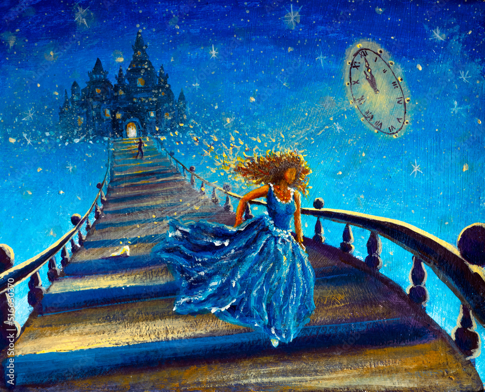 Illustrazione stock di Painting Beautiful girl Cinderella in blue dress  runs away from palace ball at 12 clock losing shoe on stairs painting  children fairy tale for book or poster | Adobe Stock