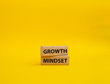 Growth Mindset Symbol. Concept Word Growth Mindset On Wooden Blocks. Beautiful Yellow Background. Business And Growth Mindset Concept. Copy Space