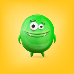 Vector cartoon funny green alien monster isolated on yellow background. Smiling silly green monster print sticker design template. Cute Ghost, troll, gremlin, goblin, devil and halloween monster