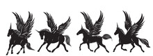 Running Horse With Wings, Unicorn With Wings Silhouette Isolated