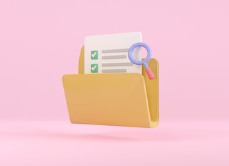 Sticker - 3d folder file document and paper business. management work on project plan symbol. search assignment and exam checklist. online document information sign. 3d render illustration minimal style.