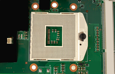 Poster - electrical circuit from a laptop, with a socket for a processor, close-up
