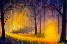 Illustration Yellow Glow In A Mysterious Forest Among Trees Hand Painted Art Oil Painting