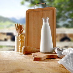 Wall Mural - Fresh cold milk on table and free space for your decoration. 