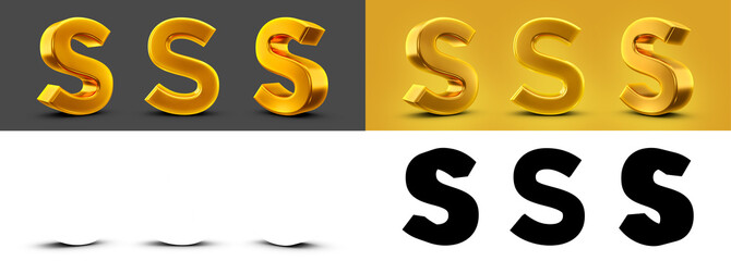 Wall Mural - Letter S in 3d metal gold with shadow caster and yellow background and alpha channel