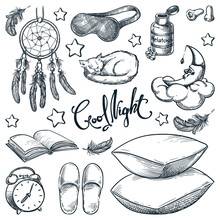 Bedtime Bedroom Design Elements. Vector Hand Drawn Sketch Illustration. Good Night Calligraphy Lettering And Sleep Icons