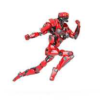 Master Robot Is Jumping On Action To Punch All Around In White Background