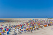 Colorful traditional beach chairs at the boardwalk of Borkum, Germany