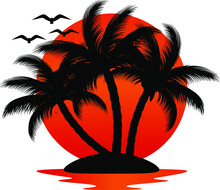 Illustration Of Coconut Trees Silhouettes With Sunset. Tropical And Beachy Design Ideal For Logo And T-shirt Print.