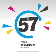 57 Years Anniversary, number in broken circle with colorful bang of confetti, logo, icon, white background