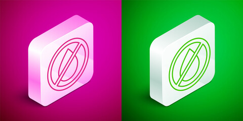 Poster - Isometric line Water drop forbidden icon isolated on pink and green background. No water sign. Silver square button. Vector