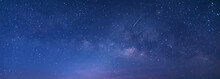 Panorama View Universe Space And Milky Way Galaxy With Stars On Night Sky Background.