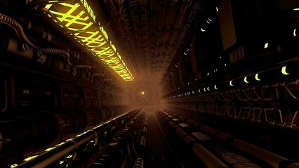 Poster - Inside futuristic canal with pipes. Motion. Technical 3d tunnel with neon lines and pipes. Pipes and wires in futuristic corridor