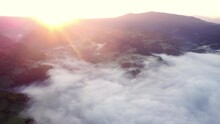 Sunrise , Misty A Cloud Inversion In A Rural Valley In Mountain Rural Landscape.Aerial Drone View 
