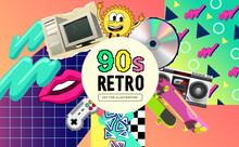 1990s Retro Background Theme With Iconic Nineties Objects And Patterns. Vector Illustration.