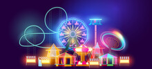 Funfair And Carnival Rides And Attractions Glowing At Night. Vector Illustration.