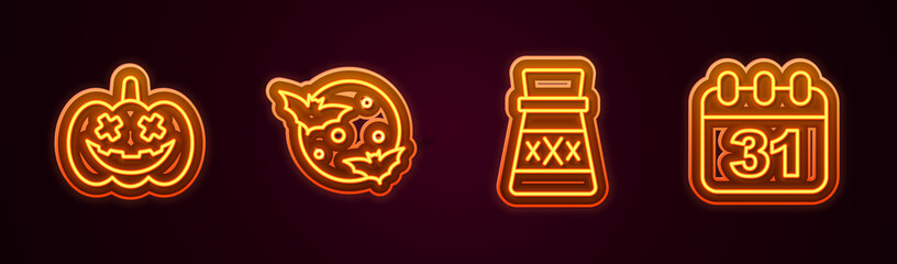 Wall Mural - Set line Pumpkin, Moon and stars, Bottle with potion and Halloween date 31 october. Glowing neon icon. Vector