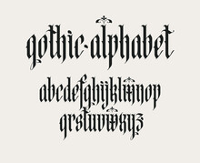 Gothic Font. Full Set Of Letters Of The English Alphabet In Vintage Style. Medieval Latin Letters. Vector Calligraphy And Lettering. Suitable For Tattoo, Label, Headline, Poster, Etc.