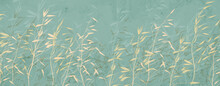 Abstract Art Background With Grass In Golden Colors. Light Botanical Banner In A Watercolor Style For Wallpaper, Decor, Print, Interior Design.