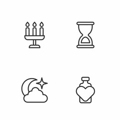 Wall Mural - Set line Bottle with love potion, Moon and stars, Candlestick and Old hourglass icon. Vector